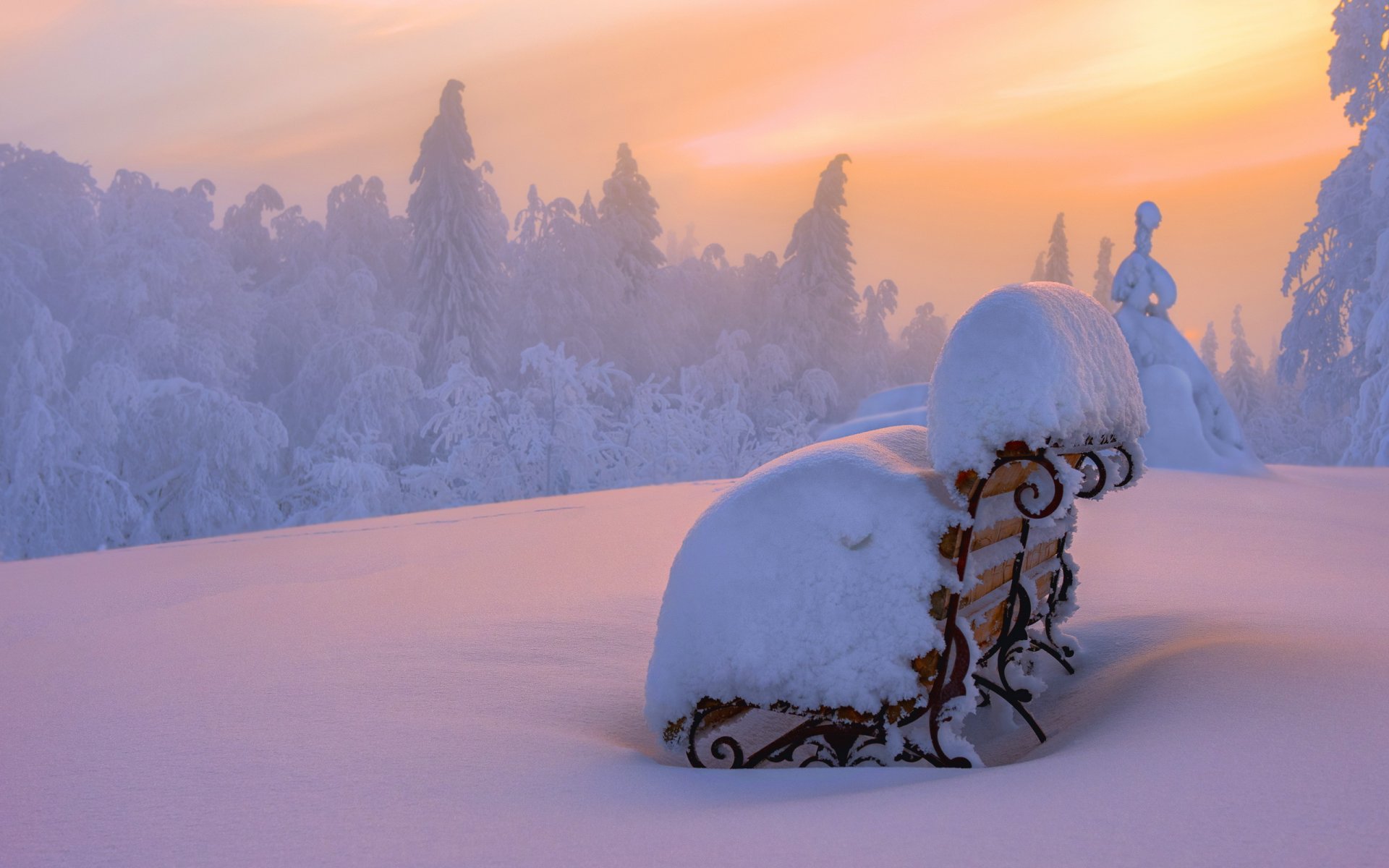 hiver neige banc coucher de soleil paysage