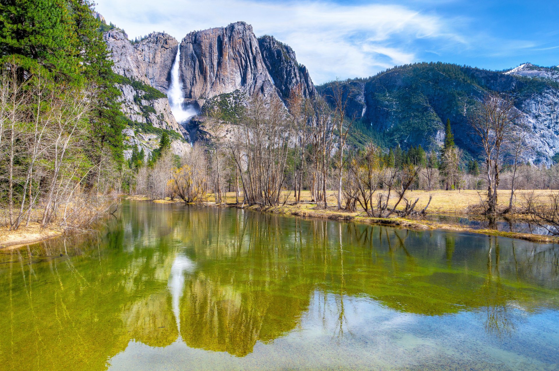 yosemite park narodowy sierra nevada rzeka góry niebo las drzewa wodospad chmury odbicie