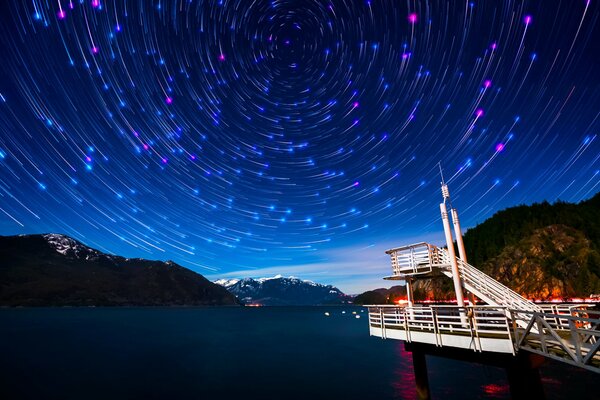 A magical starry sky with a pier by the bay