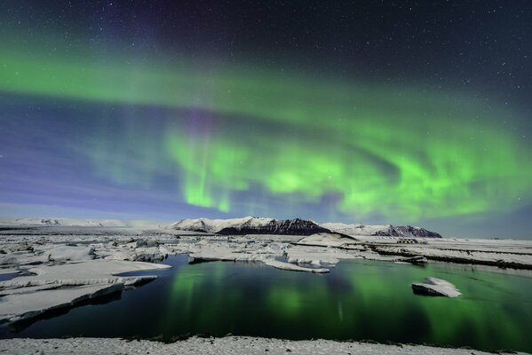 Northern lights in the sky among the ice