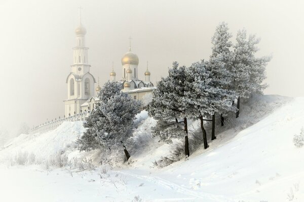 Winter landscape with a church in Surgut