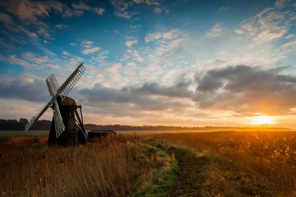 Herrlicher Sonnenaufgang am frühen Morgen in einem Feld mit einer Windmühle