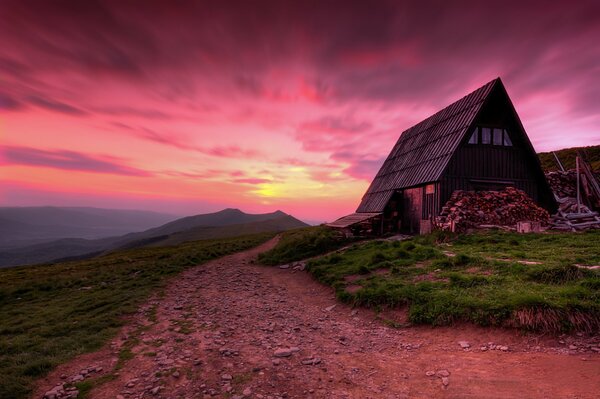 Twilight in the mountains of Poland on the roads along the houses are beautiful