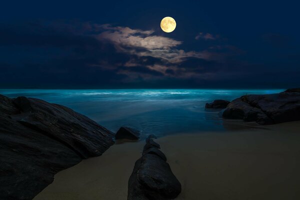 Luna piena vicino alle rocce di notte vicino alla spiaggia
