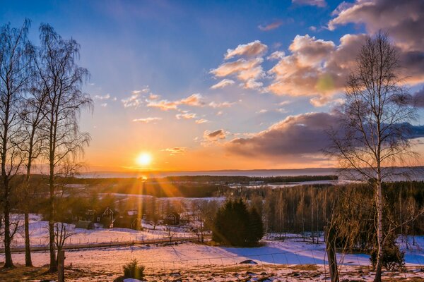 Winter landscape. Sunset