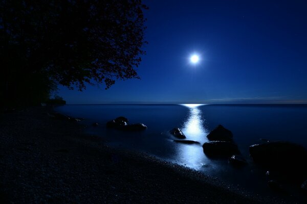 Sentiero lunare sul lago con pietre