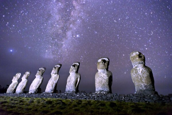 Easter Island with ancient Moai statues and the Milky Way