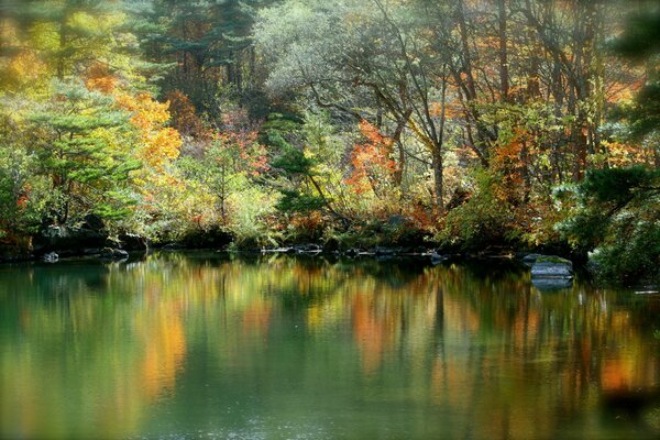 Reflet dans le lac des paysages automnaux