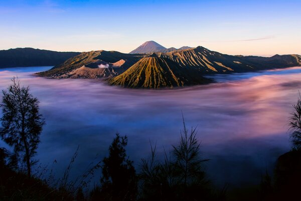 Volcano in a haze of fog with silhouettes of trees