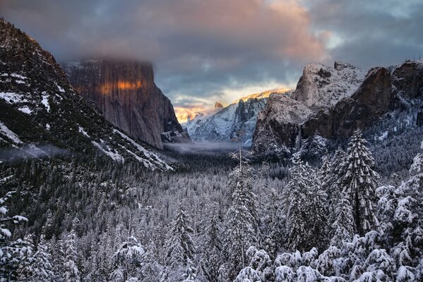 Winter Mountain Valley with National Park forest