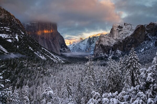 Valle di montagna invernale con foresta del Parco Nazionale