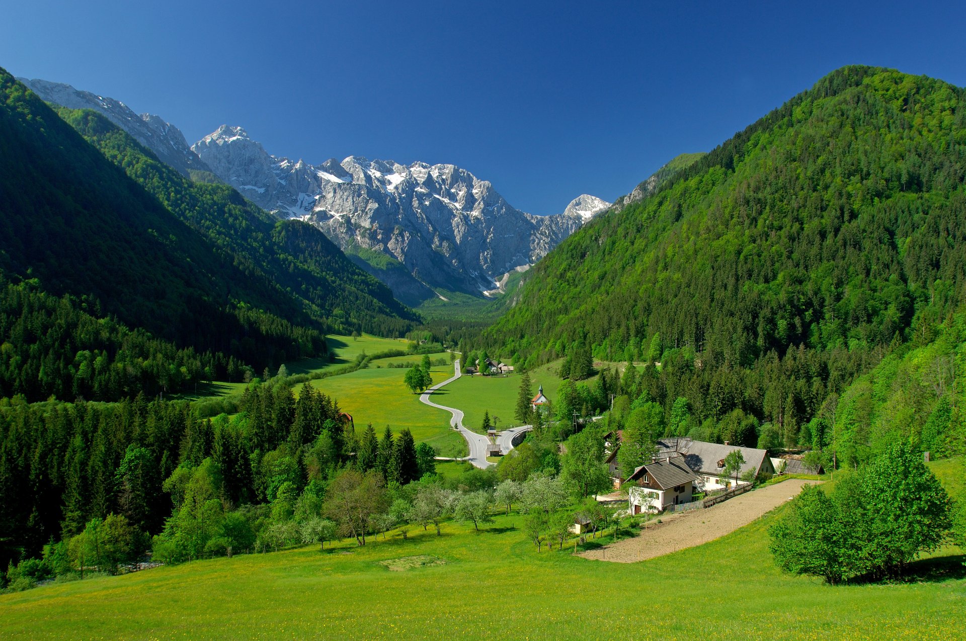 pring mountain alps valley house tree grass green sky