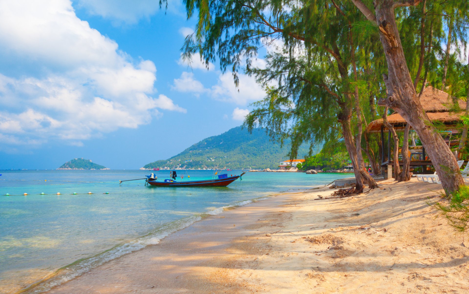 łódź plaża koh tao tajlandia drzewa natura krajobraz morze tropikalny piasek niebo chmury piękne łodzie plaża tao