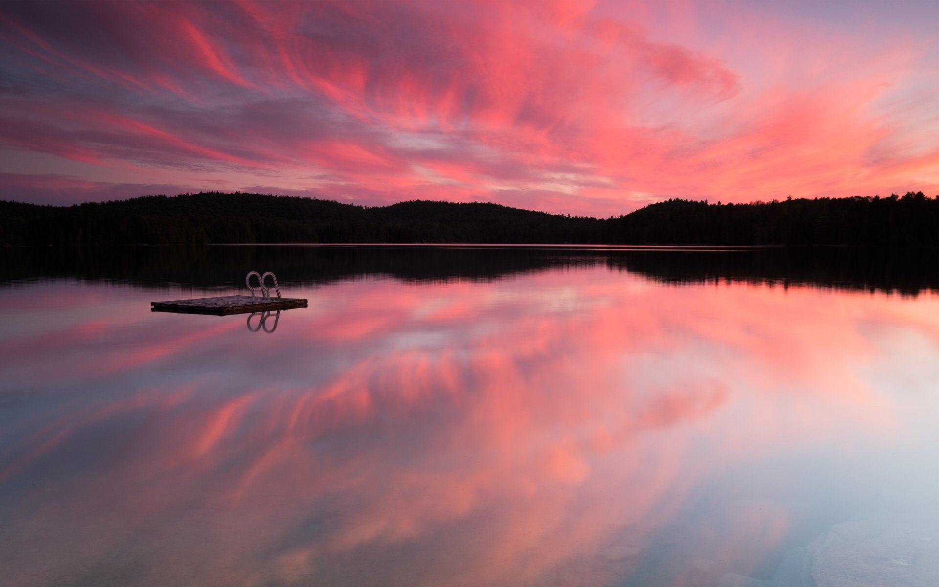 canadá lago bosque árboles puesta de sol cielo nubes