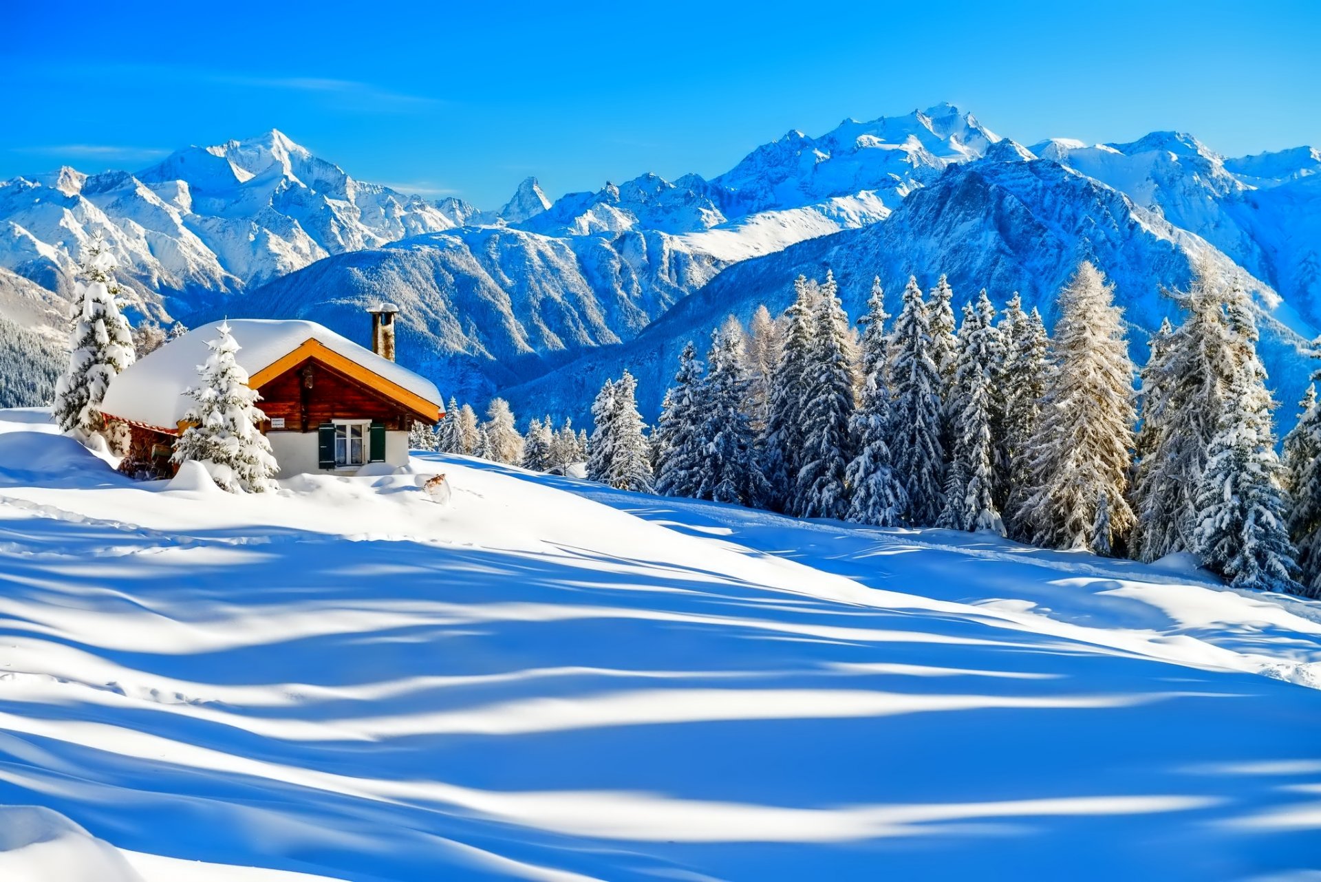 winter schnee haus bäume natur wald berge himmel