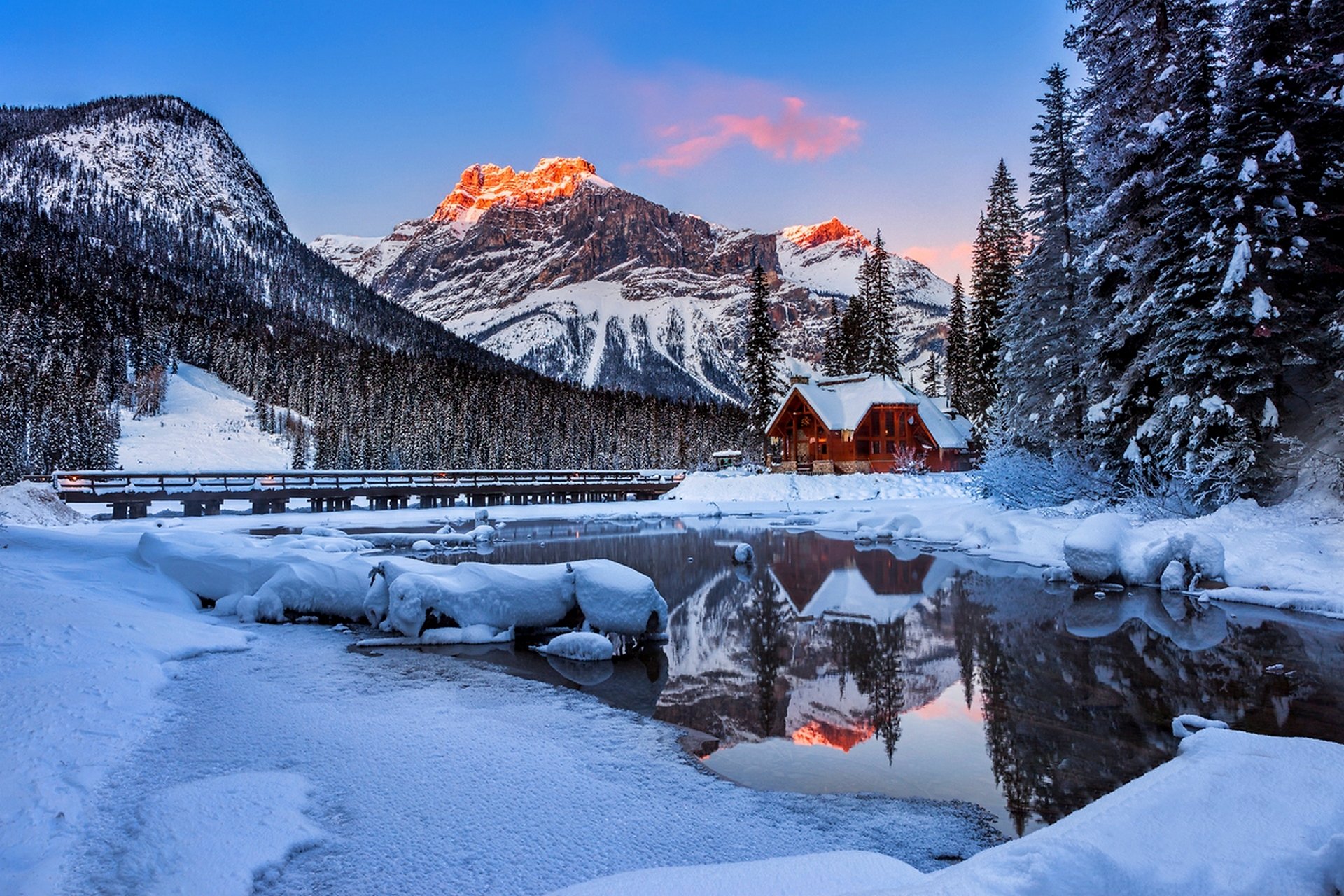 nature house reflection winter snow river sky white landscape beautiful cool nice scenery