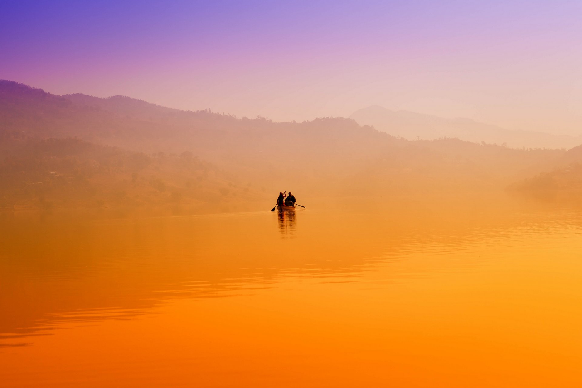 hills lake boat fog morning dawn