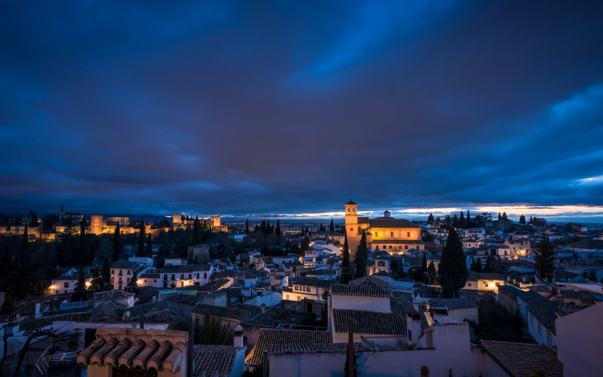 spanien granada provinz architektur beleuchtung hintergrundbeleuchtung abend blau himmel wolken