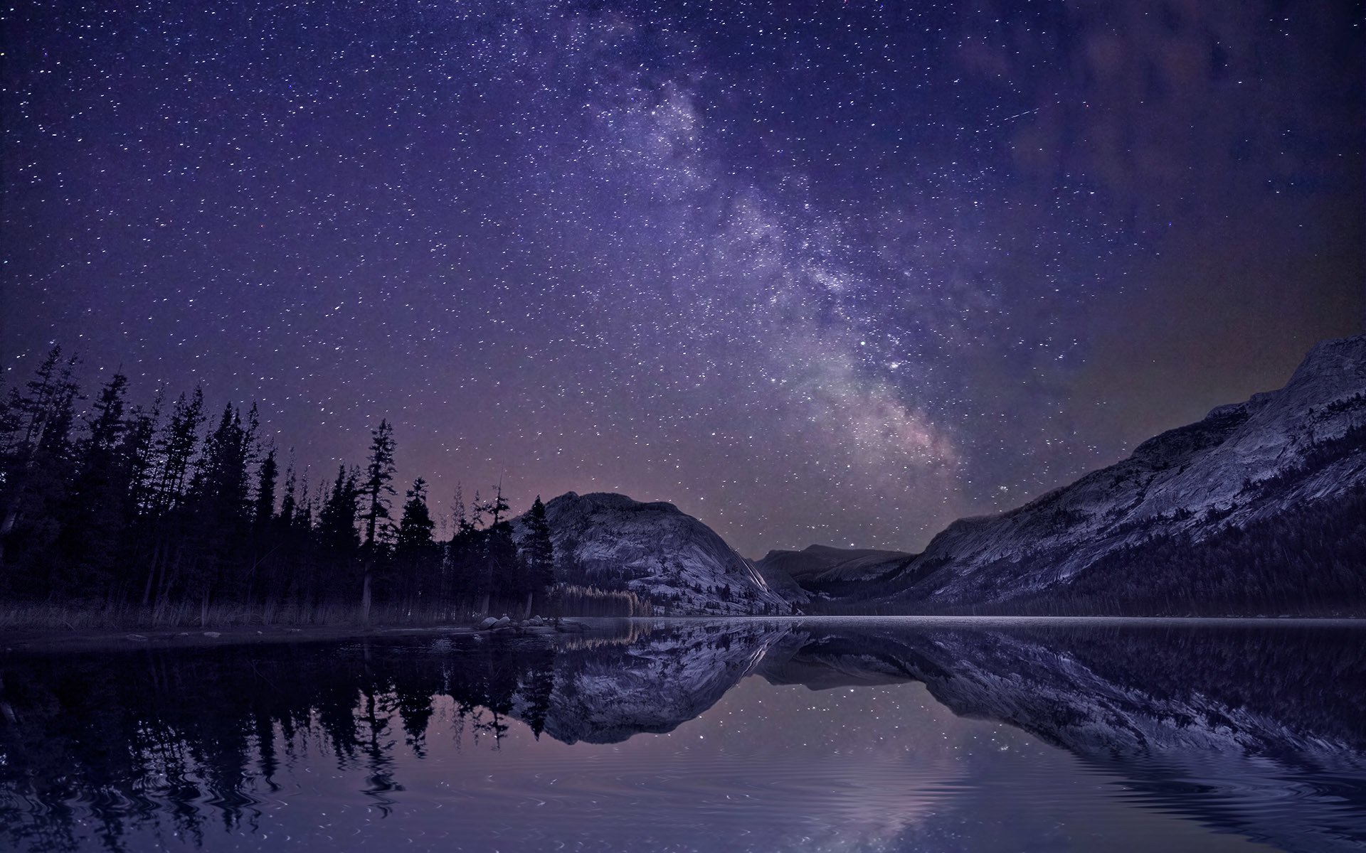 montagne foresta lago riflessione notte stelle via lattea