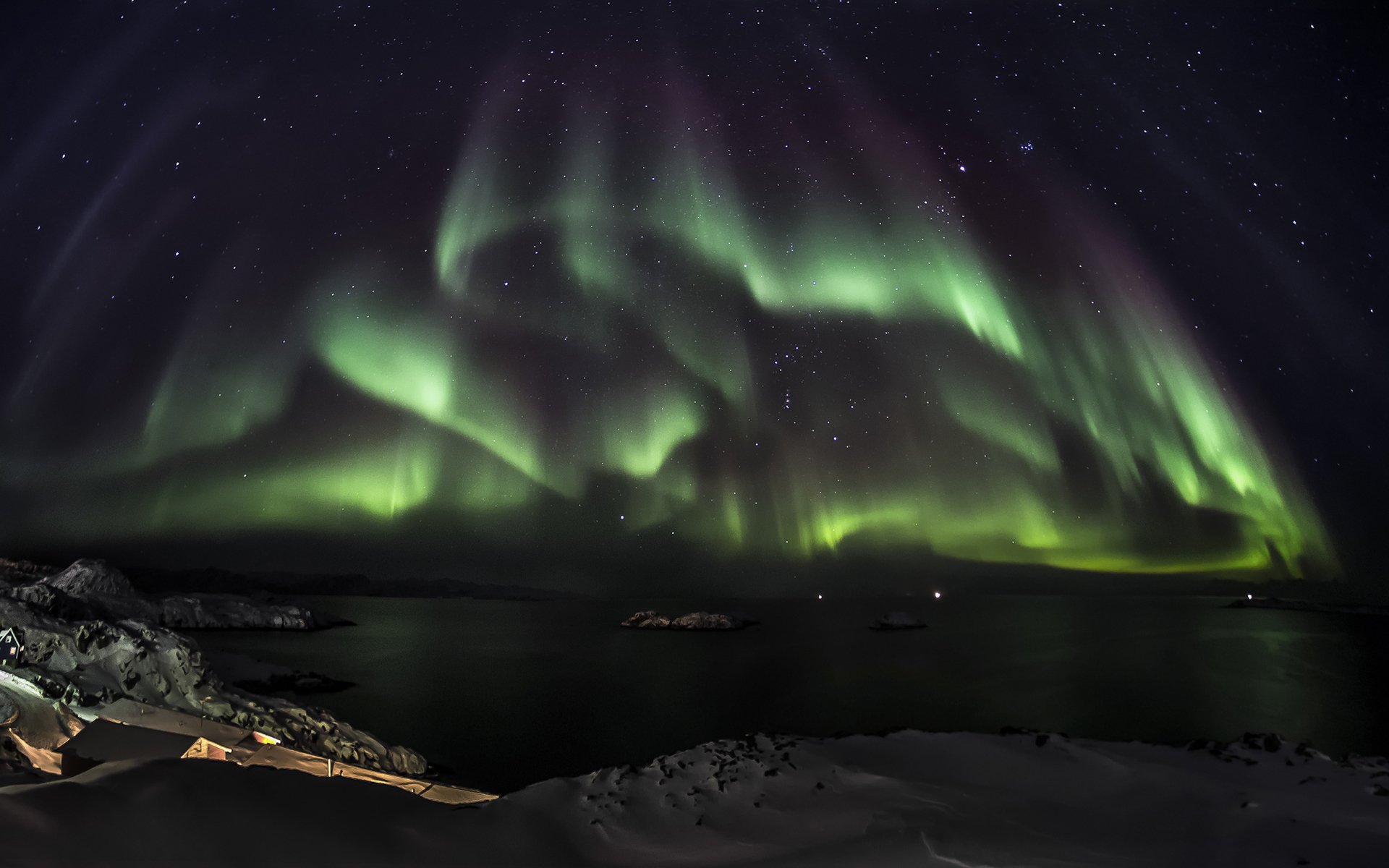 aurore aurores boréales nuit vert neige océan étoiles