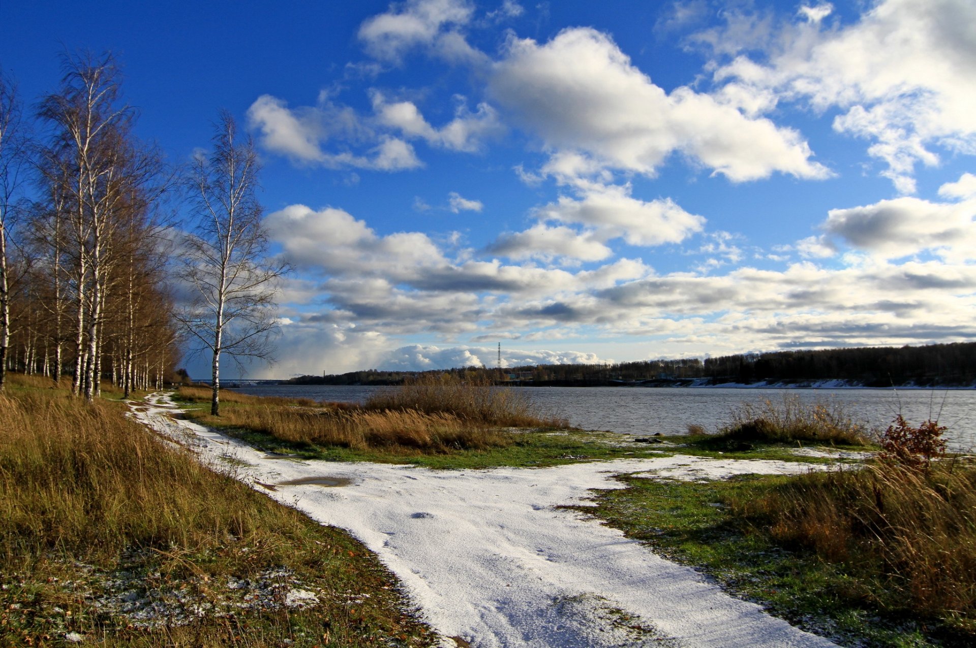 river sky clouds grass snow birch spring volga