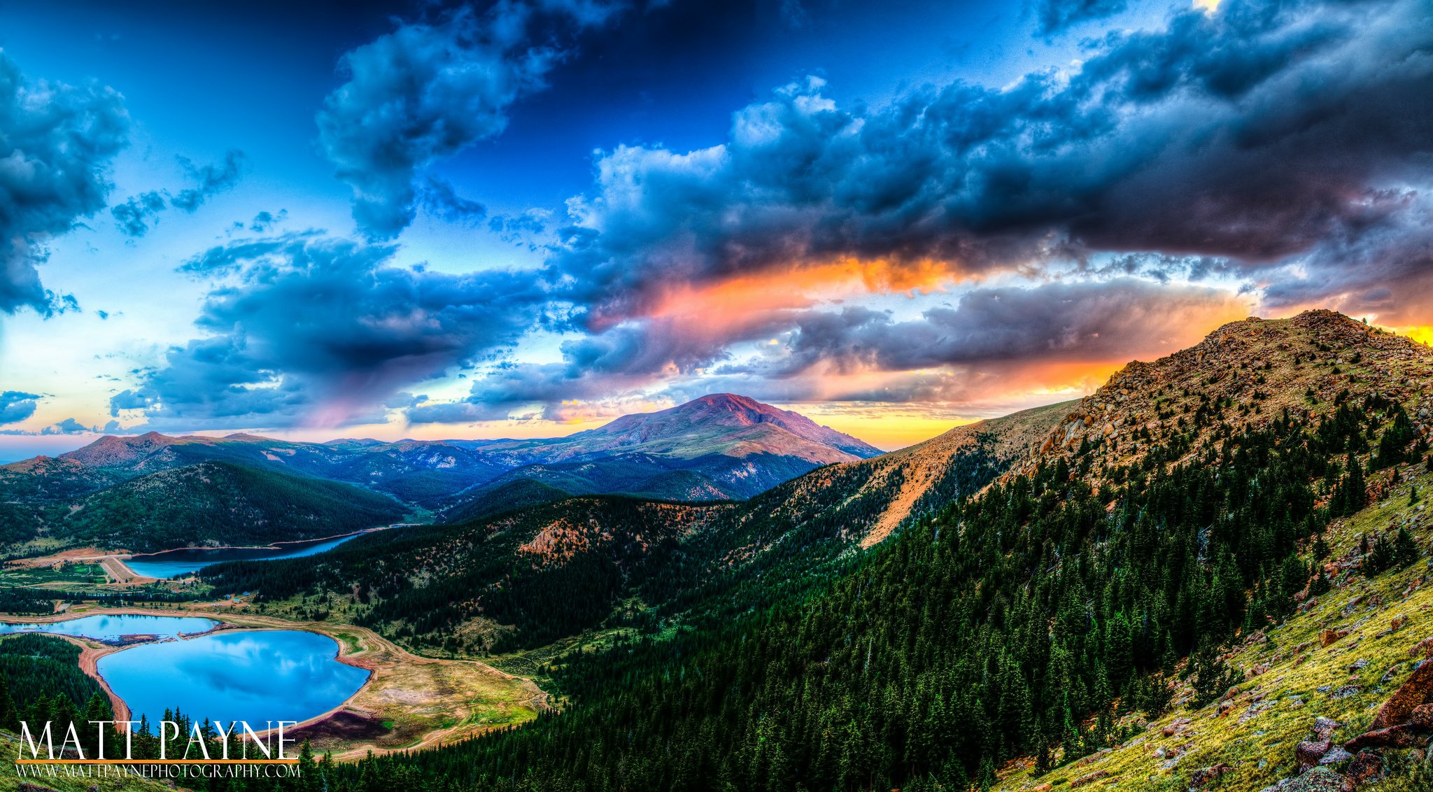 matt payne montañas bosque lago nubes puesta de sol