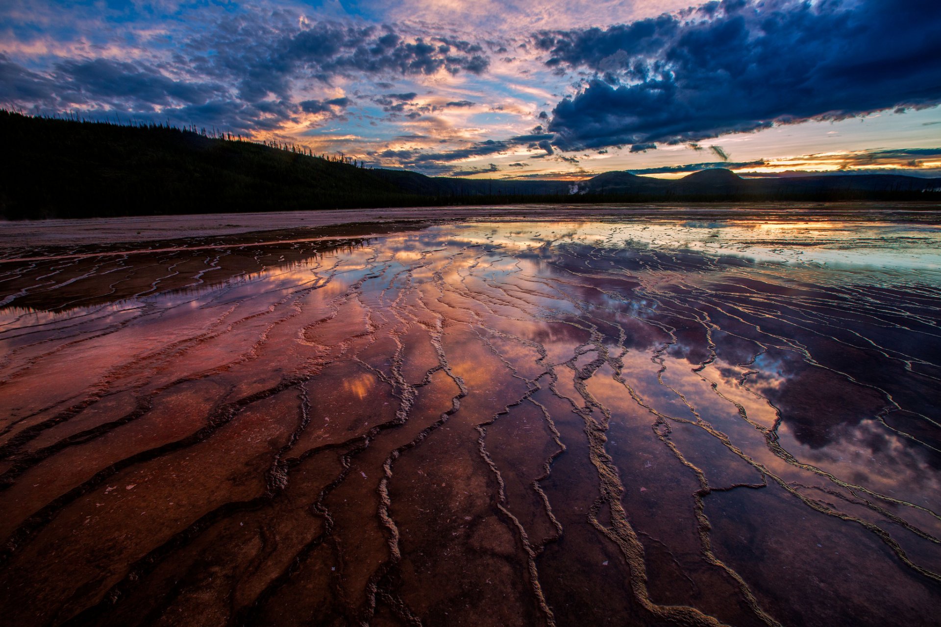 hills forest beach tide reflection night sunset