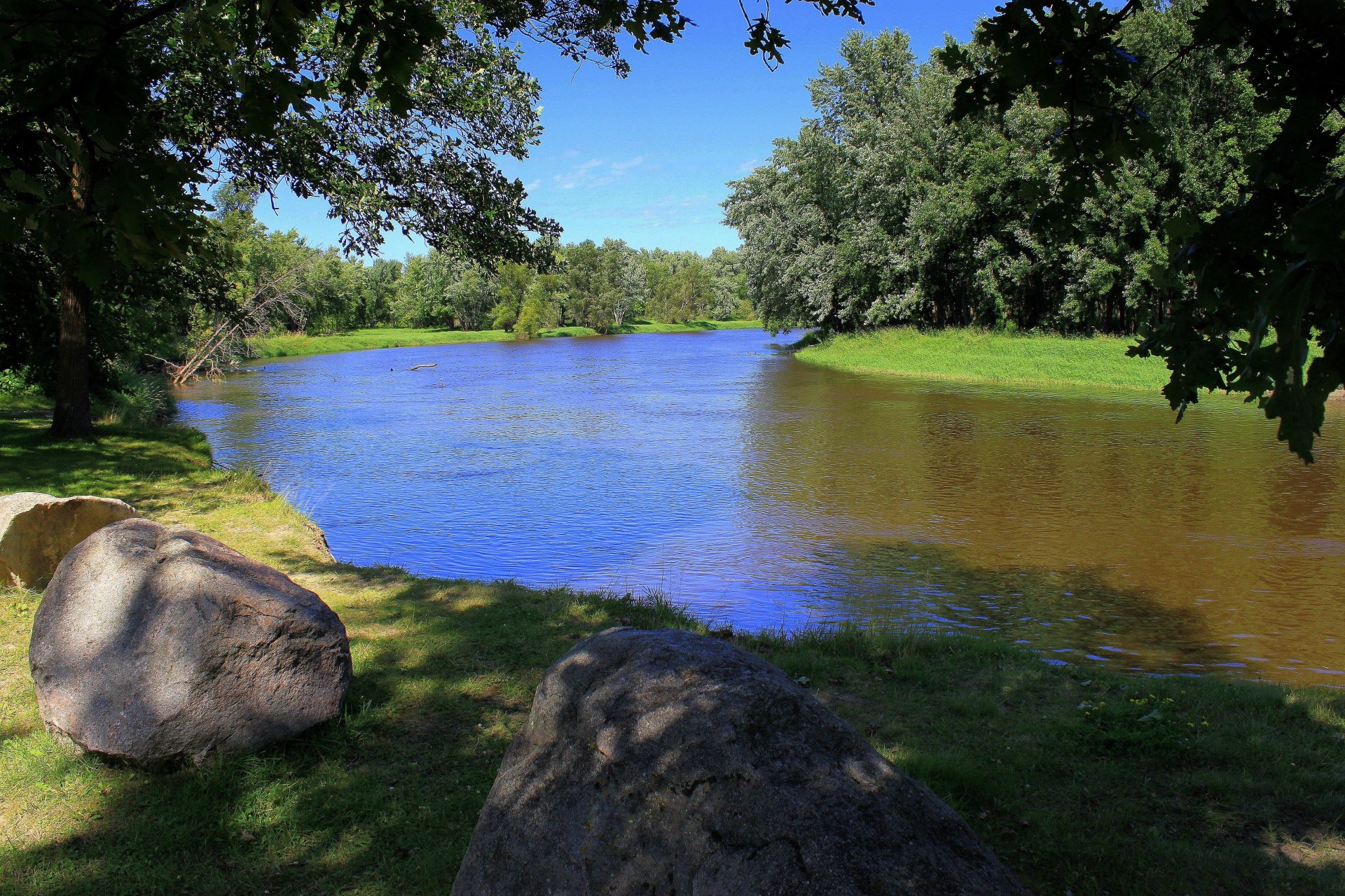 deto fluss ufer steine wald bäume laub