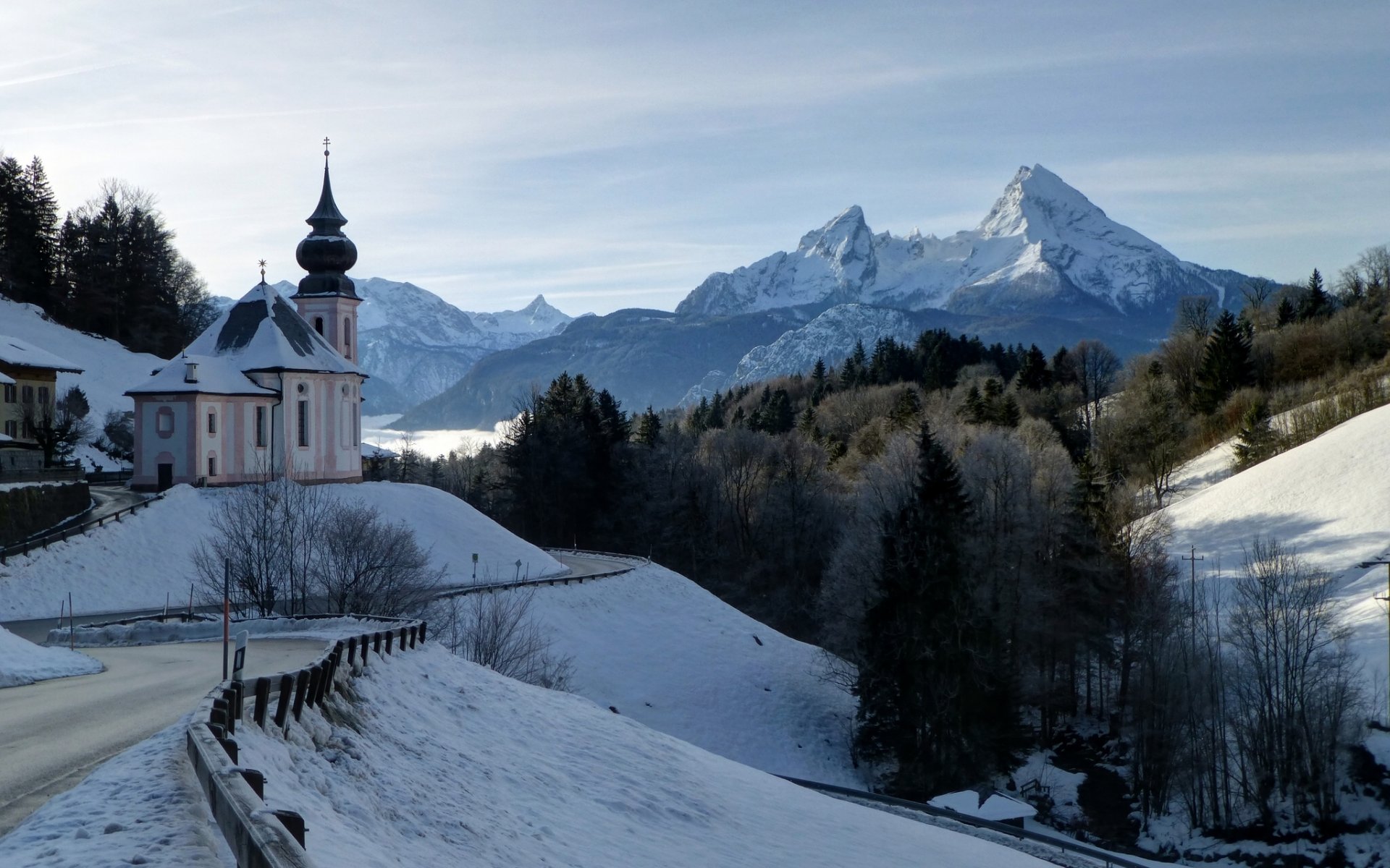 chiesa di maria gern berchtesgaden baviera germania alpi bavaresi monte watzmann chiesa di maria gern montagne inverno strada foresta