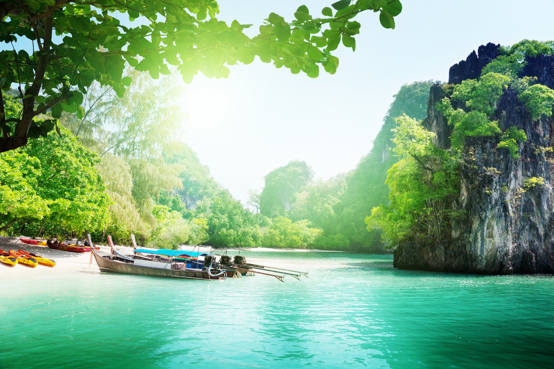 boat island thailand sea lake trees sky clouds landscape nature mountains ocean boats islands beautiful sunlight