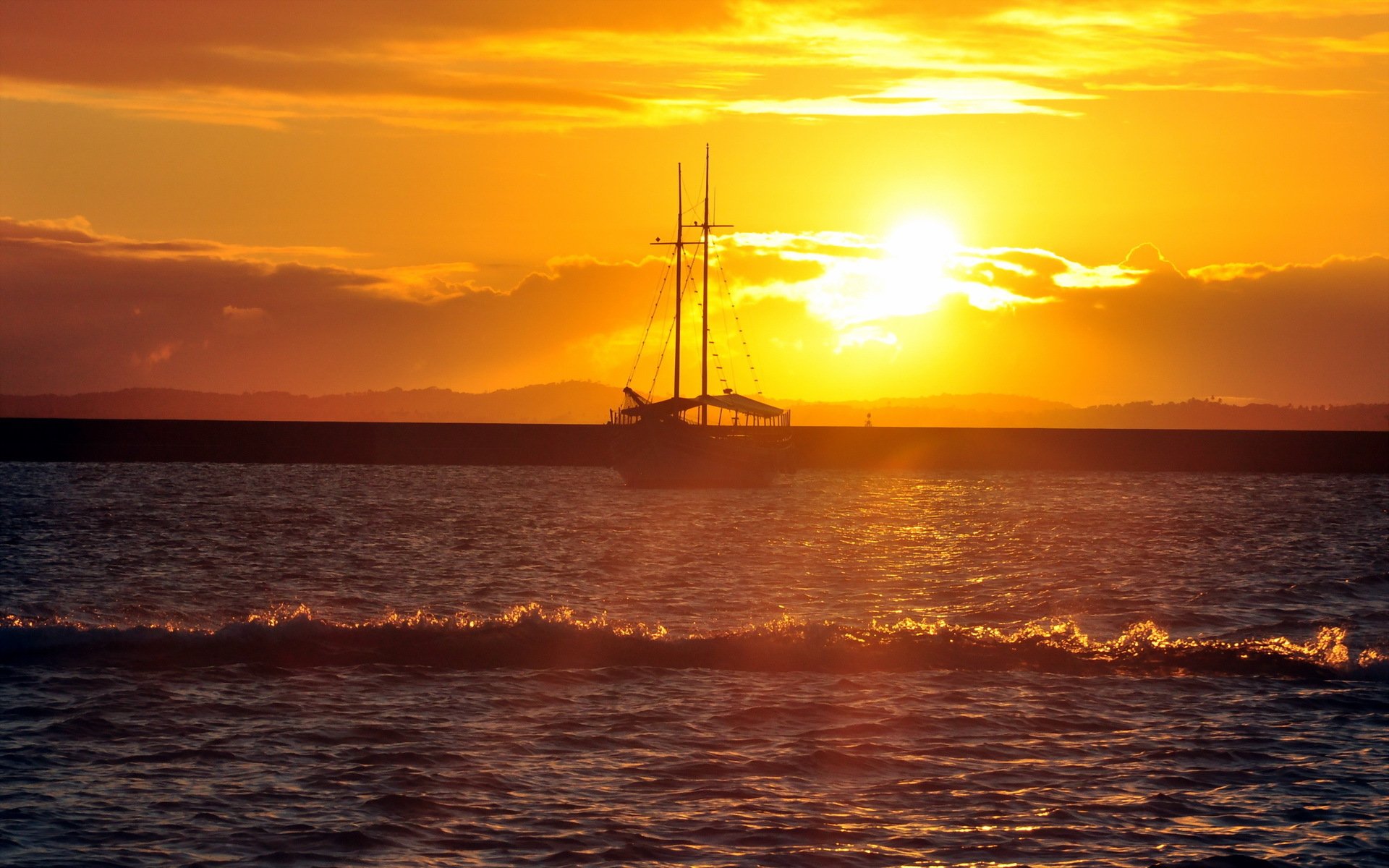 mer coucher de soleil navire paysage