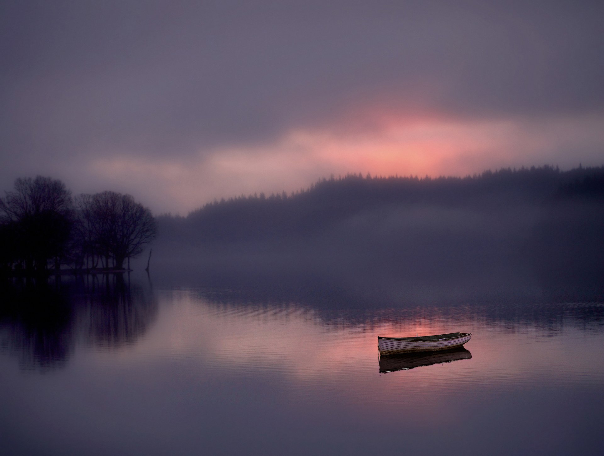 bosque lago barco niebla amanecer