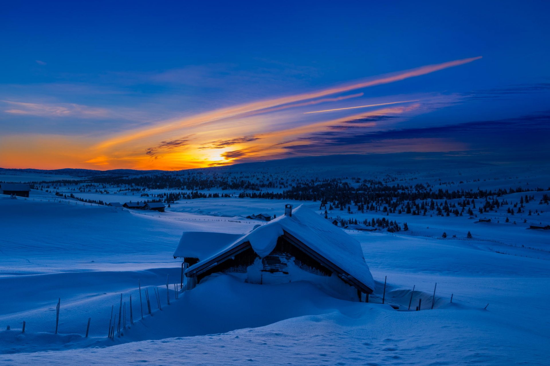 winter snow mountain morning blue sun sunrise nature house