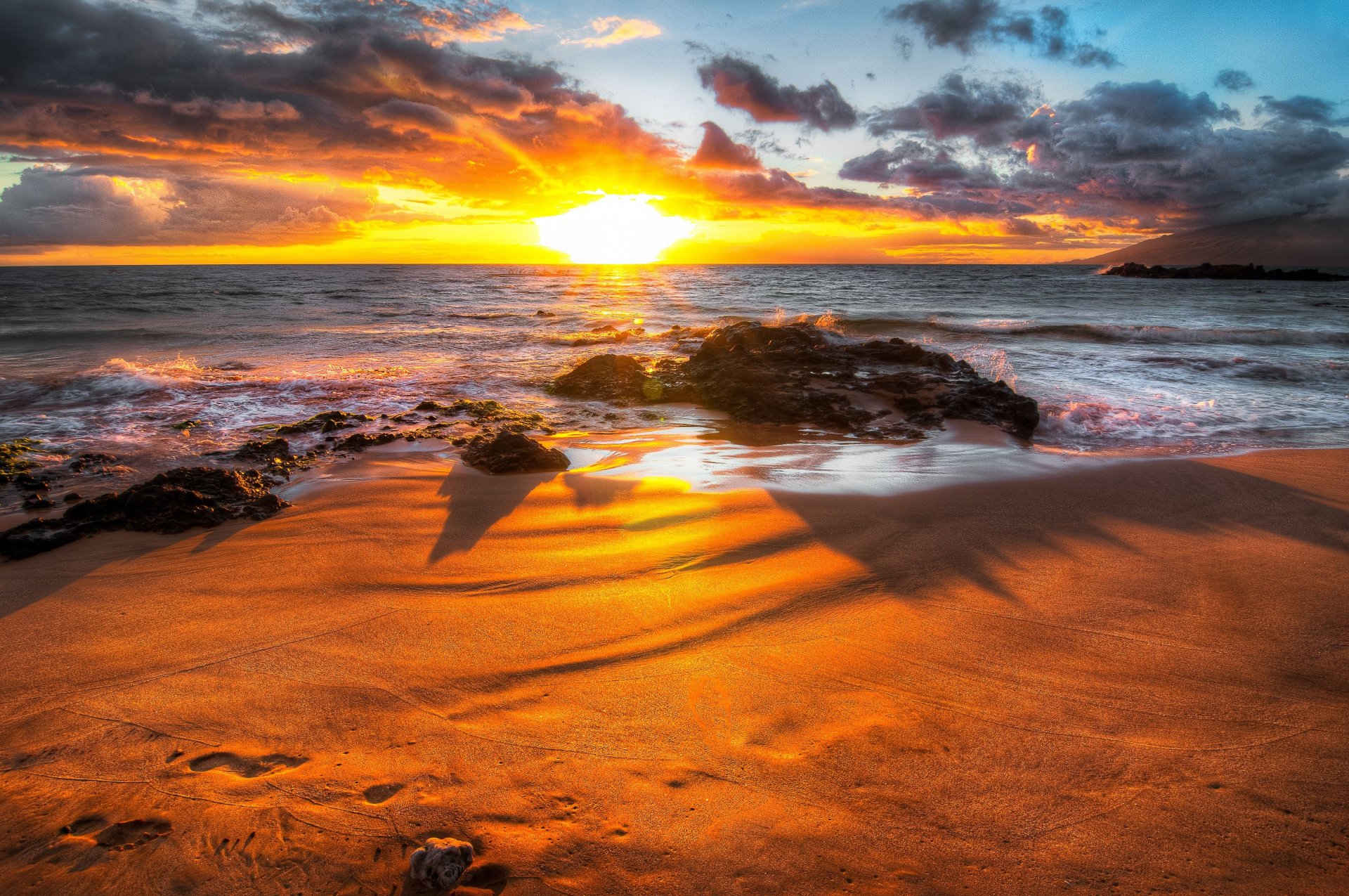 ea waves beach rock stones sky clouds sun sunrise shadow