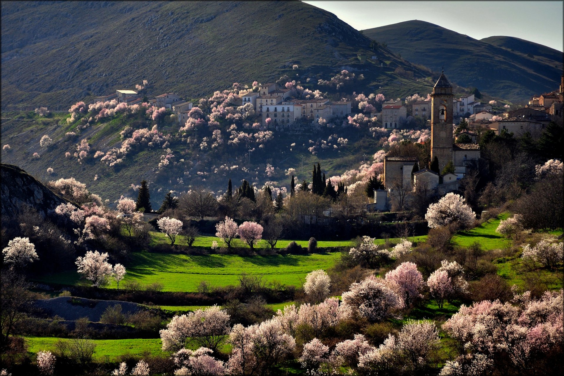 santo stefano di sessanio italia góry miasto drzewa kwitnienie wiosna