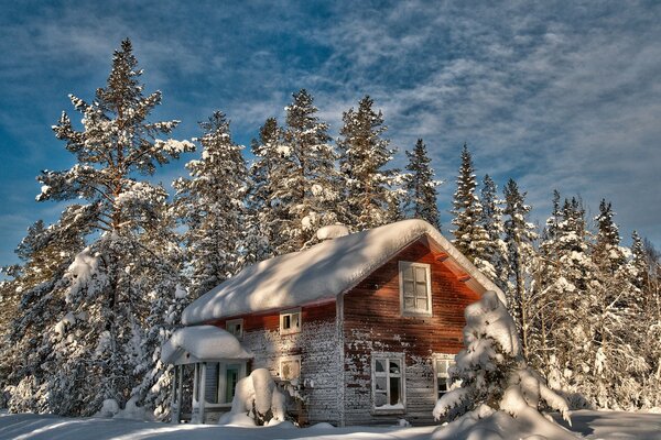 Casa abbandonata nella foresta in cumuli di neve