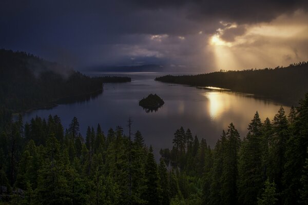 Luce del sole che si fa strada attraverso le nuvole nella baia della foresta