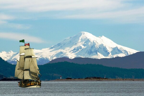 Velero de bandera canadiense en la costa