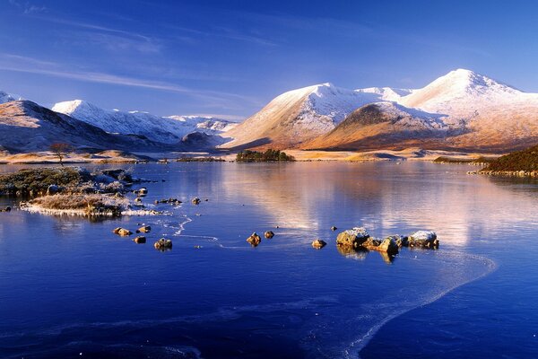 Paisaje invernal: montañas y lago