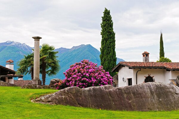 Mountain landscape with columns and palm trees on the background of the house