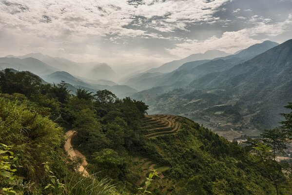 A valley in the mountains. Fog