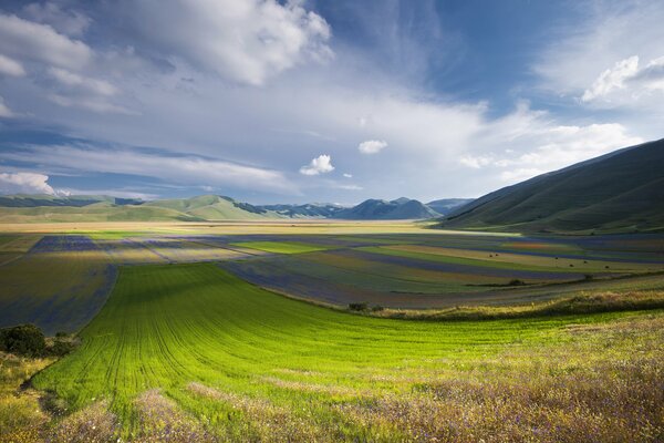 The green field is obscured by clouds