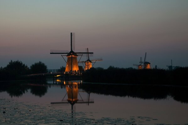 Twilight windmills in the Netherlands