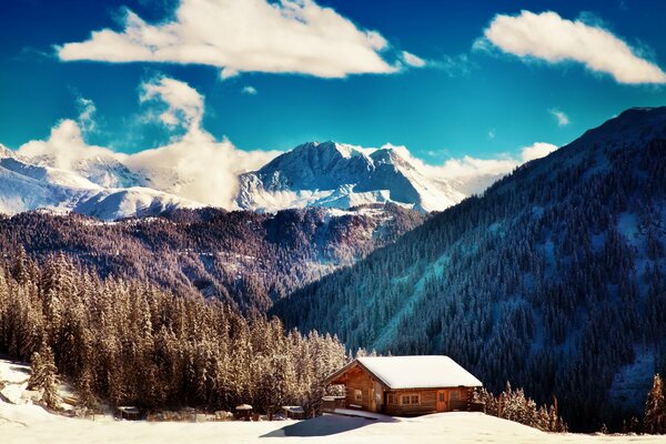 Snow-capped mountain peaks in winter