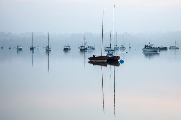 Bateaux sur le lac tôt le matin