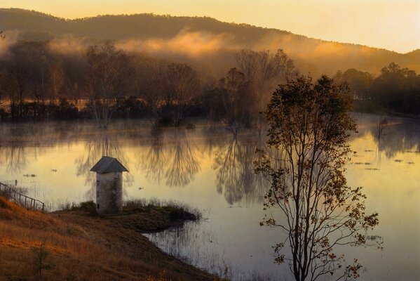 Autumn fog over a cold lake