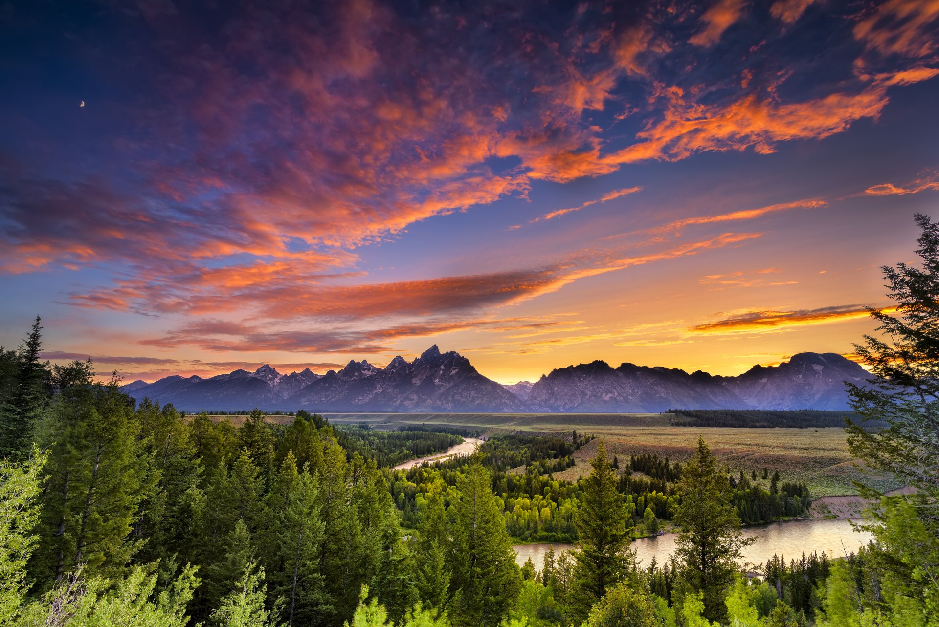 wyoming parque nacional grand teton río snake estados unidos parque nacional grand teton bosque puesta de sol noche cielo árboles pinos montañas río serpiente