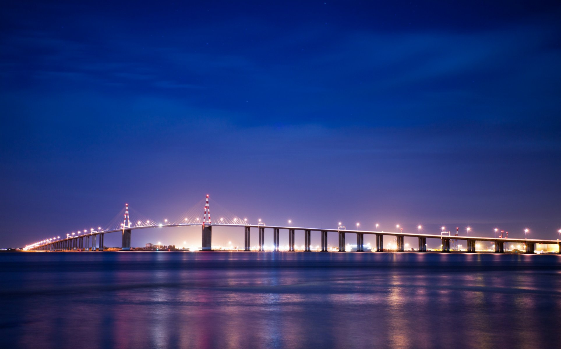 france bretagne bridge night lights lamps lighting river sky blue