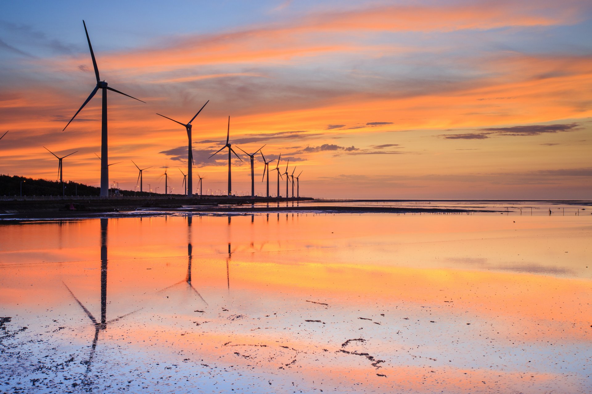 china taiwan beach stranded strait water reflection wind turbines windmills night orange sunset blue sky cloud