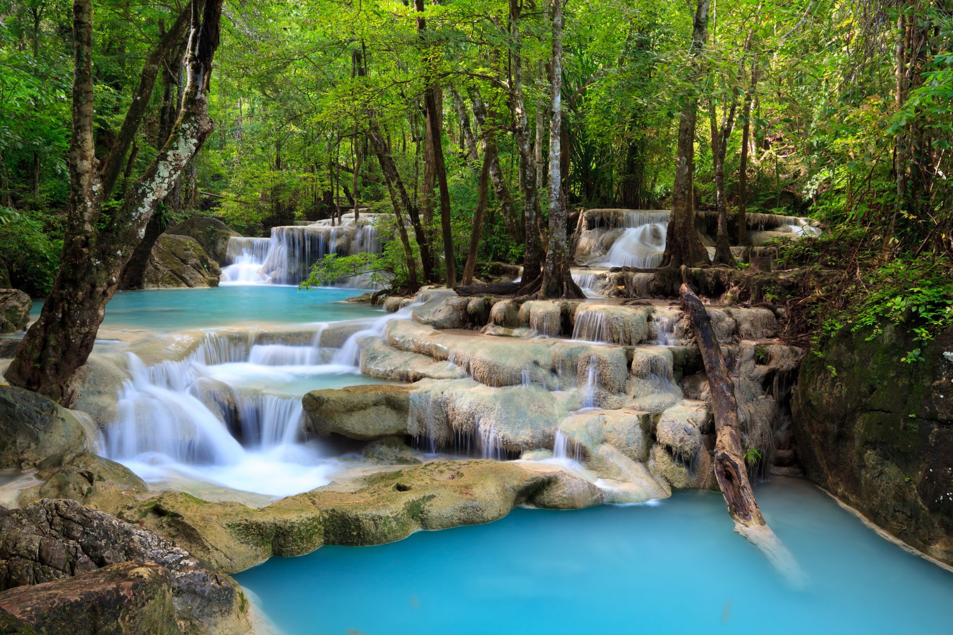 waterfall sea lake deep forest trees sky clouds landscape nature leaves foliage thailand lakes dense forests beautiful fantasy